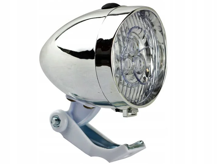 Lampka rowerowa przednia retro 3 LED baterie chrom Nie przegap