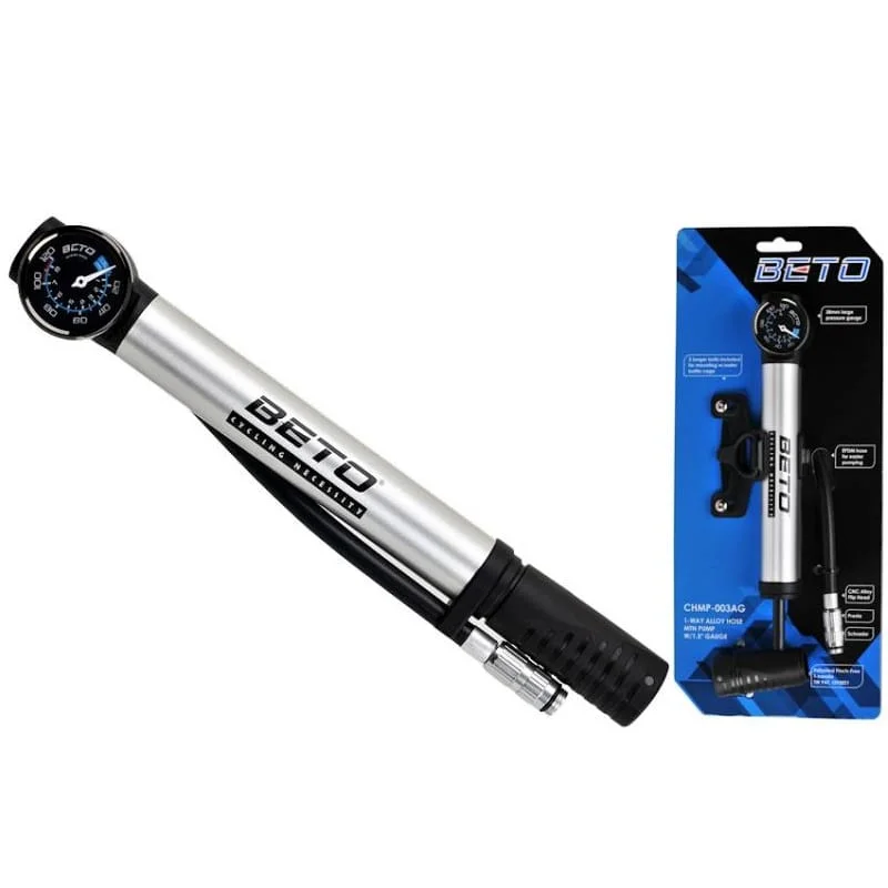 Pompka rowerowa BETO CHMP- 003AG mini alu manometr z wężykiem 80PSI Bezpieczna płatność