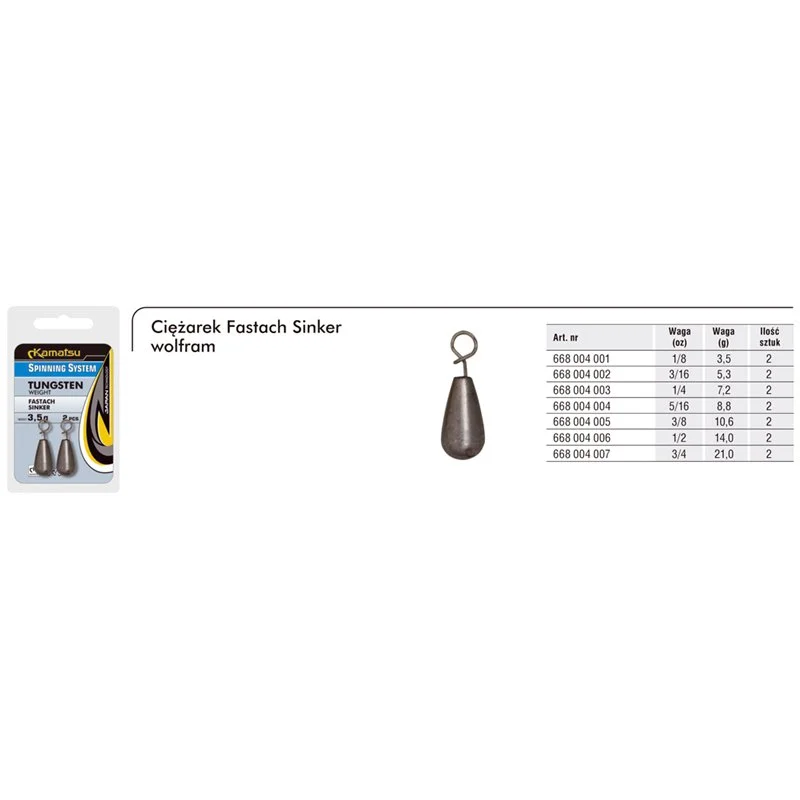 Obniżka ceny Ciężarki Wolframowe Fastach Sinker 7,2g 1/4oz. Op Spinning System
