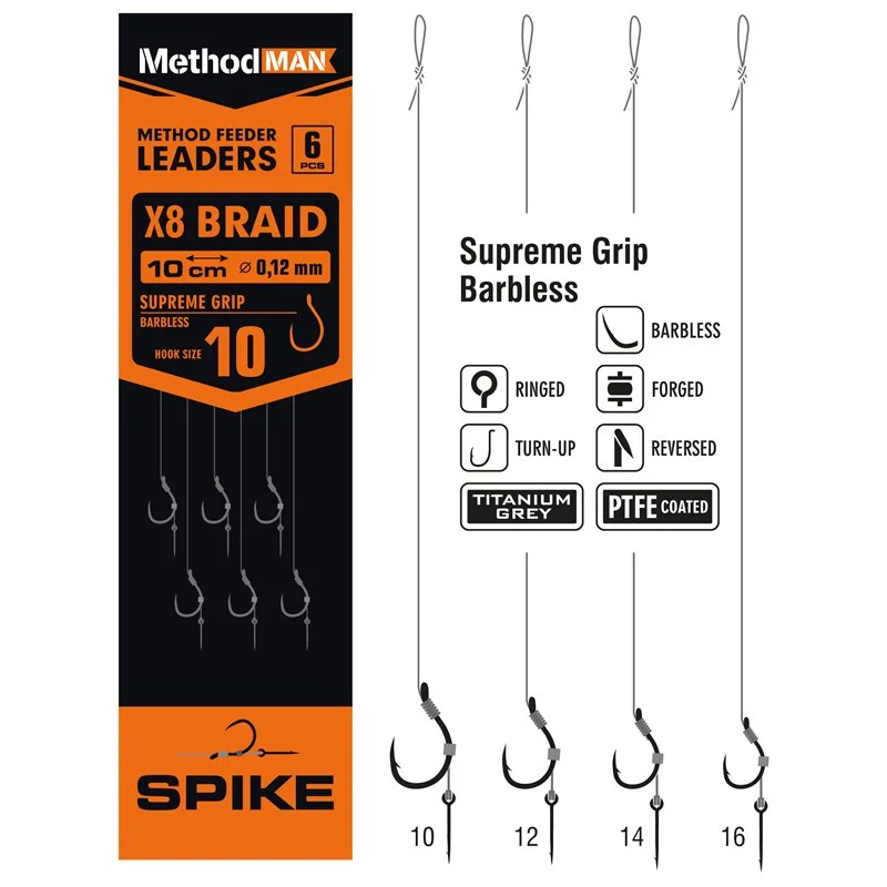 Zniżka Przypony Method Feeder Z Bagnetem Z Haczykiem Methodman Supreme Grip Titanium Grey Barbless rozmiar 10 plecionka 0,12mm