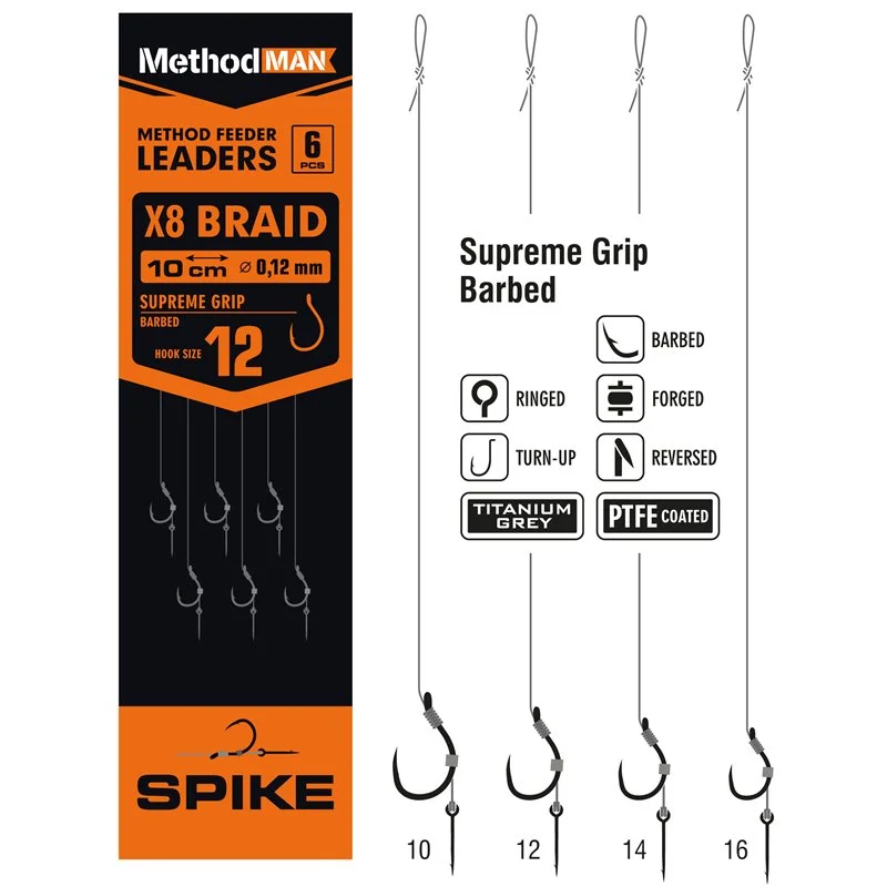 Przypony Method Feeder Z Bagnetem Z Haczykiem Methodman Supreme Grip Titanium Grey Barbed rozmiar 10 plecionka 0,12mm Dostępne od ręki
