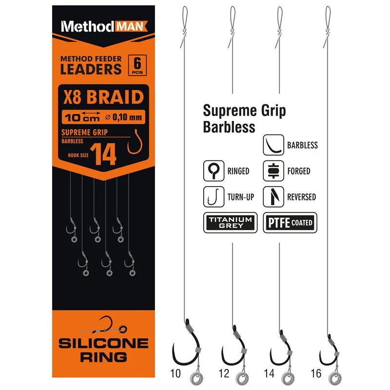 Ekspresowa dostawa Przypony Method Feeder Z Gumką 3mm Z Haczykiem Methodman Supreme Grip Titanium Grey Barbless rozmiar 16 plecionka 0,10mm