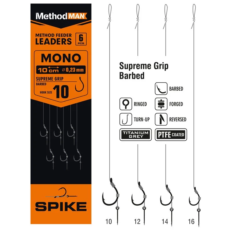 Bezpieczna płatność Przypony Method Feeder Z Bagnetem Z Haczykiem Methodman Supreme Grip Titanium Grey Barbed rozmiar 10 żyłka 0,23mm