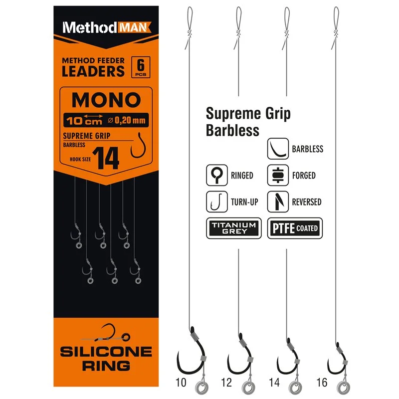 Przypony Method Feeder Z Gumką 3mm Z Haczykiem Methodman Supreme Grip Titanium Grey Barbless rozmiar 10 żyłka 0,23mm Ostatnie sztuki