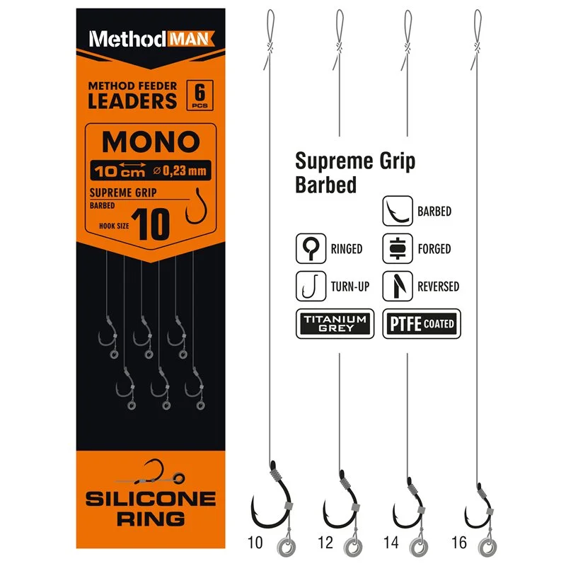 Ostatnia szansa Przypony Method Feeder Z Gumką 3mm Z Haczykiem Methodman Supreme Grip Titanium Grey Barbed rozmiar 12 żyłka 0,23mm